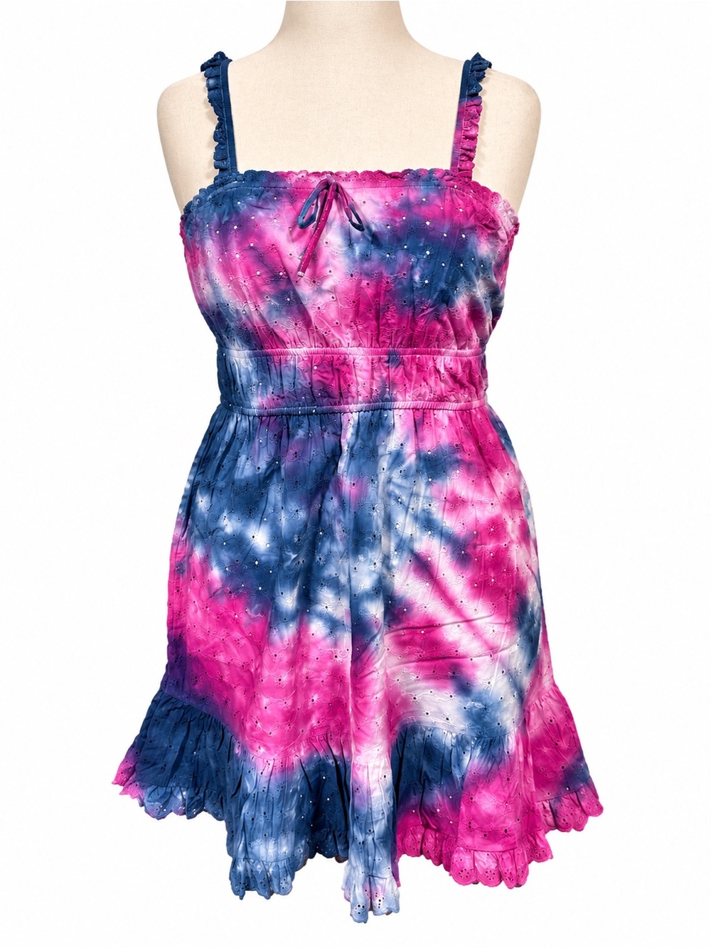 Woman’s Tie-Dye Eyelet Sundress with Ruffled Hem - Pink & Blue